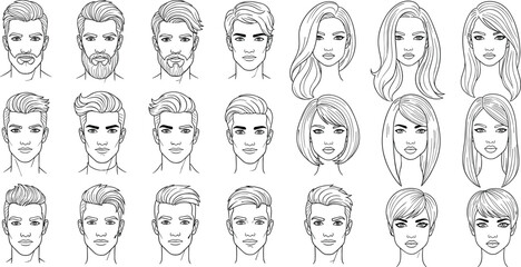 artoon headshot character grid, black and white line art, diverse male female faces, hairstyle variation, illustration sheet, avatar design