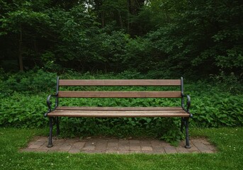 Fototapeta premium A rustic wooden park bench placed perfectly within a vibrant, lush green environment, offering a quiet place for relaxation and contemplation ,outdoor ,seating ,empty