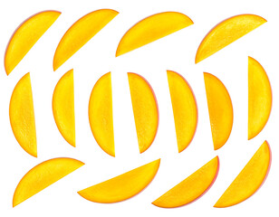 Fototapeta premium Symmetrical arrangement of mango slices, bright yellow-orange on a stark black background. Top-down perspective