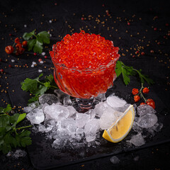 Fresh Red Caviar in Rosette Bowl on Ice