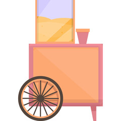 Illustration of a peach colored food cart with a glass dispenser of yellow liquid and a wheel against a transparent background