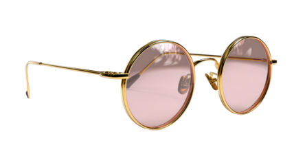 Round gold wire frame glasses with pink lenses isolated on transparent background