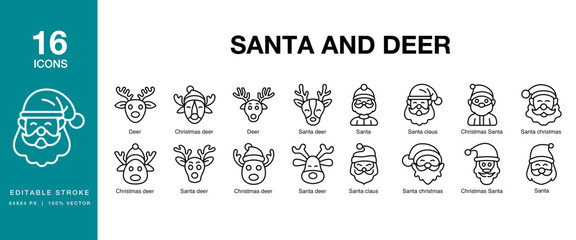 Santa and Deer icon set. Includes santa, claus, reindeer, rudolph, sleigh, sled and More. Editable Stroke Icon Collection.