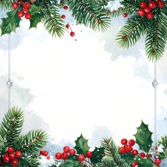 Festive watercolor border with evergreen boughs, holly, and red berries