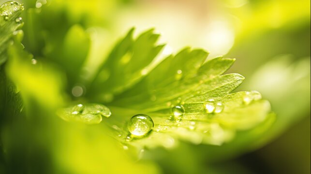 Macro close-up of fresh lovage herb leaves with morning dew, green and healthy tones
