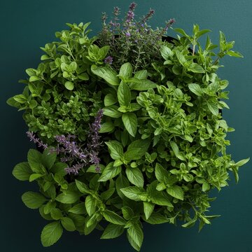 A lush, healthy herbera filled with a diverse collection of fragrant, freshly grown culinary and medicinal herbs under natural light ,outdoor ,close up ,gardening