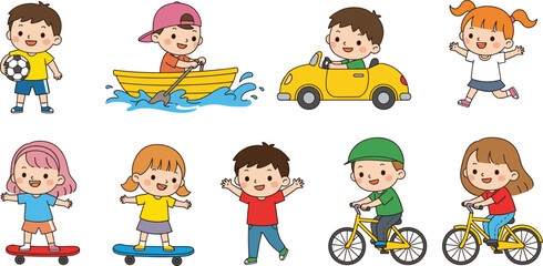 Cartoon children playing, outdoor activities, biking, skateboarding, boating, soccer, fun movement, colorful character set, kids illustration, isolated on white