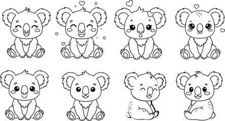 Cartoon koala character grid, cute animal expressions, black and white line art, heart emotion, coloring sheet, playful wildlife illustration