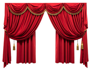 Red velvet theater curtain with gold fringe and tassels, pulled slightly open, centered on black