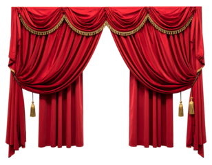 Red velvet theater curtain with gold fringe and tassels, pulled slightly open, centered on black