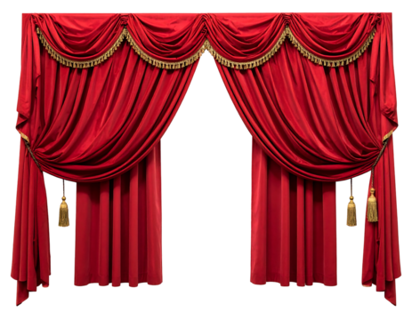 Red velvet theater curtain with gold fringe and tassels, pulled slightly open, centered on black