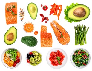 Assorted healthy food items arranged on a white background