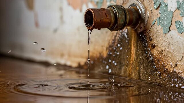 Dripping water from aging copper pipe causes pooling on floor near damaged wall
