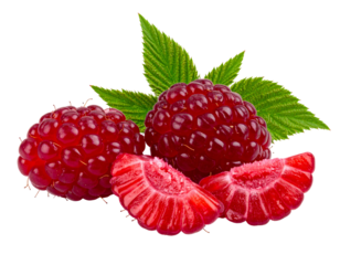 Two whole raspberries, two slices and green leaves are shown against a black background
