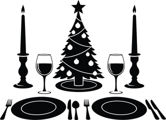 Christmas dinner table, festive holiday setup, wine glasses, candlelight, Christmas tree decor, elegant plates, seasonal celebration, vector illustration