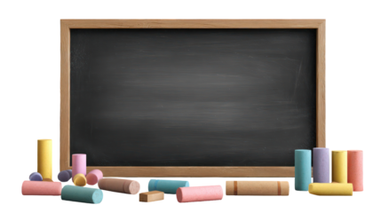 Empty chalkboard with colorful chalk sticks isolated on transparent background