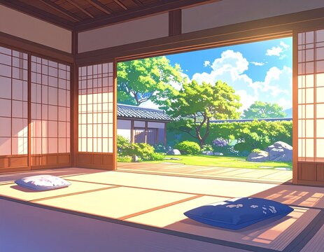 Serene and peaceful view of a classic Japanese interior with tatami mats and shoji doors, where bright daylight streams onto the floor, leading to a lush green Japanese garden and blue sky from the en