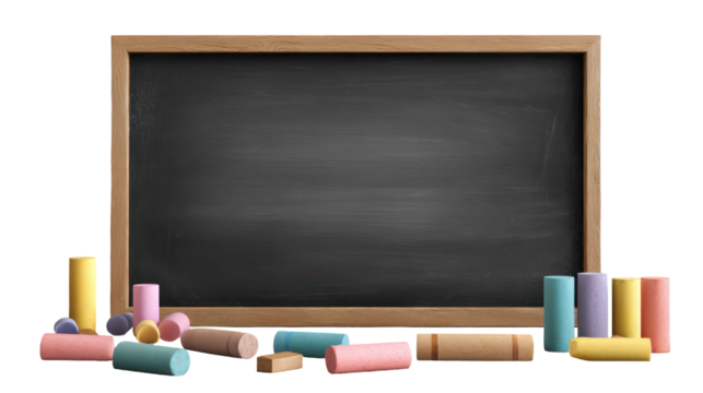 Empty chalkboard with colorful chalk sticks isolated on transparent background