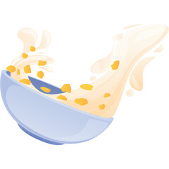 Light Blue Cereal Bowl with Yellow Flakes and Creamy White Milk Splash Against a Transparent Background Motion Abstract