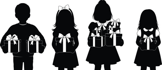 Children silhouette with gifts, holiday celebration vector, black kid figures, present box icons, festive illustration, sharing moment, isolated design