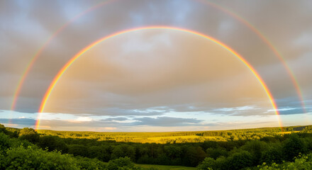 A vibrant double rainbow arches across a landscape of green trees and fields under a cloudy sky, creating a scene of natural beauty.