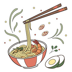 Delicious Shrimp Ramen Bowl with Chopsticks Noodle Soup Culinary Delight Artistic Vector Illustration for Asian Food Lovers and Restaurant Promotion