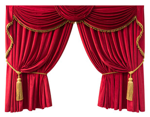 Red velvet theatre curtains parted with golden tassels, framing a black background