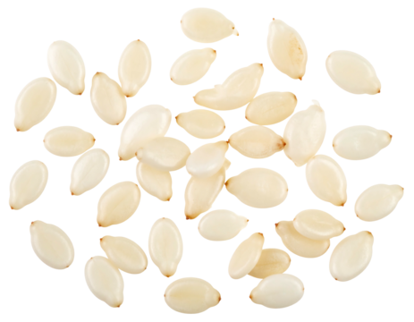 Overhead view of a pile of tiny, pale, oval seeds arranged randomly on a stark black background