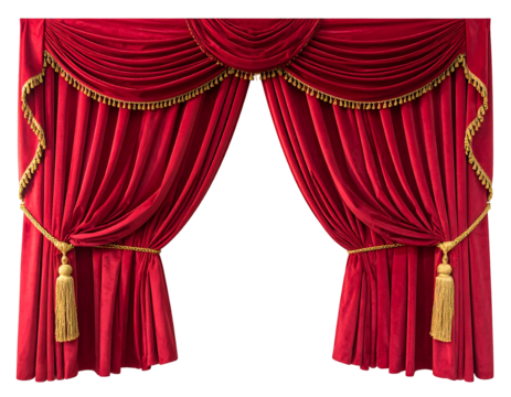 Red velvet theatre curtains parted with golden tassels, framing a black background