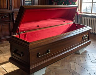 An empty casket, interior lined with red, sits on a parquet floor