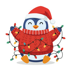 Adorable penguin wearing a Christmas sweater tangled in holiday lights