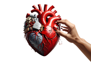 Realistic, stylized heart being manipulated by a hand against a black background, showing anatomical details