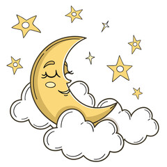 Crescent Moon Sleeping on Clouds with Stars Decorative Illustration for Childrens Room Decor and Cute Baby Products Background Design