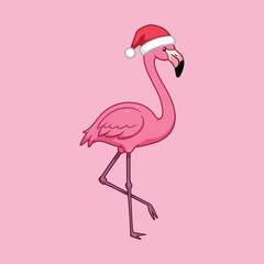 Cartoon Pink Flamingo Wearing Santa Hat Christmas Holiday Mascot