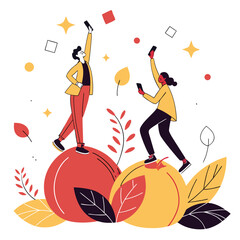 Creative people with smartphones standing on giant fruits vector illustration for digital communication and artistic presentation trendy design and modern style