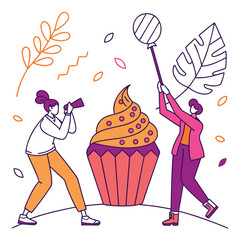 Creative Party Celebration with Giant Cupcake Balloon and Photographer Linear Illustration Festive Occasion