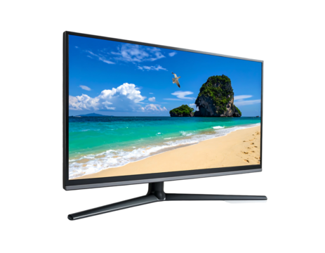 Monitor showing tropical beach scene with turquoise water, sandy shore, blue sky, and a bird flying above