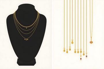 Elegant layered gold necklaces displayed on a black jewelry bust and hanging chains
