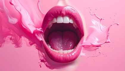 Mouth with bright pink lips open wide, paint splashing around the image