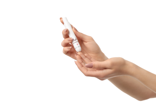 Person using a digital thermometer, isolated on white, PNG - Powered by Adobe