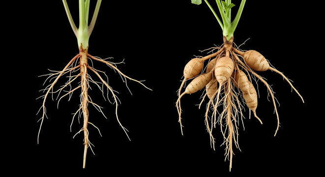 Comparison of two plant root systems, one with long, thin roots and the other with bulbous, tuberous roots.