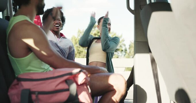 Applause, car and huddle with runner friends outdoor together for fitness or sports training. Exercise, hand stack and motivation with people group clapping at vehicle for cardio or workout success