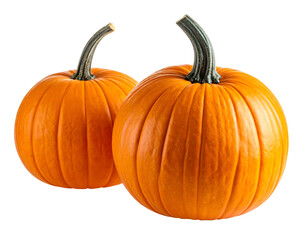 Fototapeta premium Two ripe orange pumpkins with ridged textures and curved green stems sit against a dark, transparent background