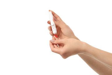 Person uses health measurement device, isolated on white, PNG