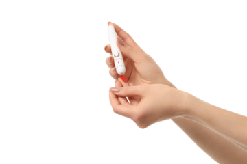 Person uses health measurement device, isolated on white, PNG