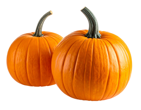 Two ripe orange pumpkins with ridged textures and curved green stems sit against a dark, transparent background