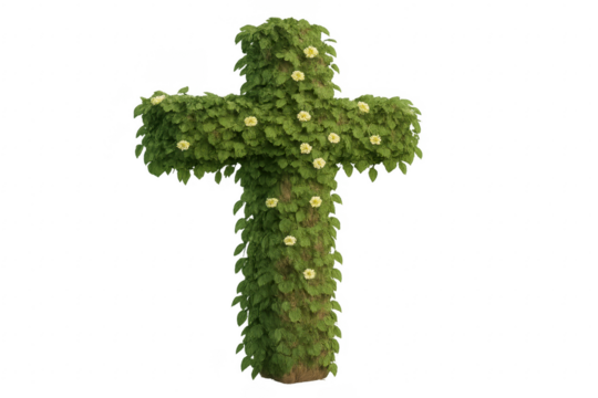 Easter cross topiary with green plants and yellow flowers