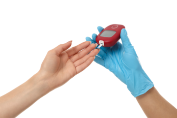 Health expert tests patient's blood sugar, isolated on white, PNG