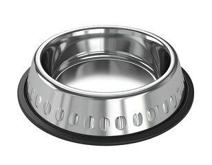 Reflective, stainless steel pet bowl with a black, non-slip rubber base. Isolated on a dark backdrop