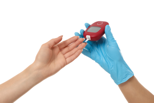Health expert tests patient's blood sugar, isolated on white, PNG